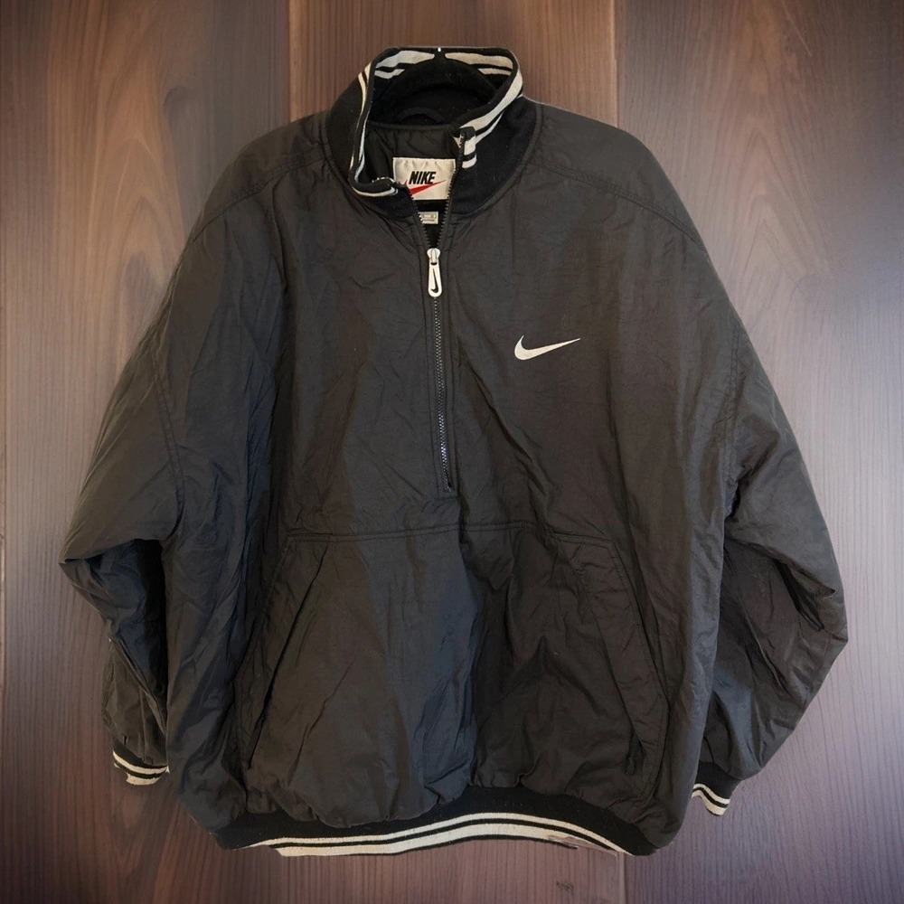 Vintage 90s Nike Big Swoosh Bomber Jacket Puffer Pullover Black White XL